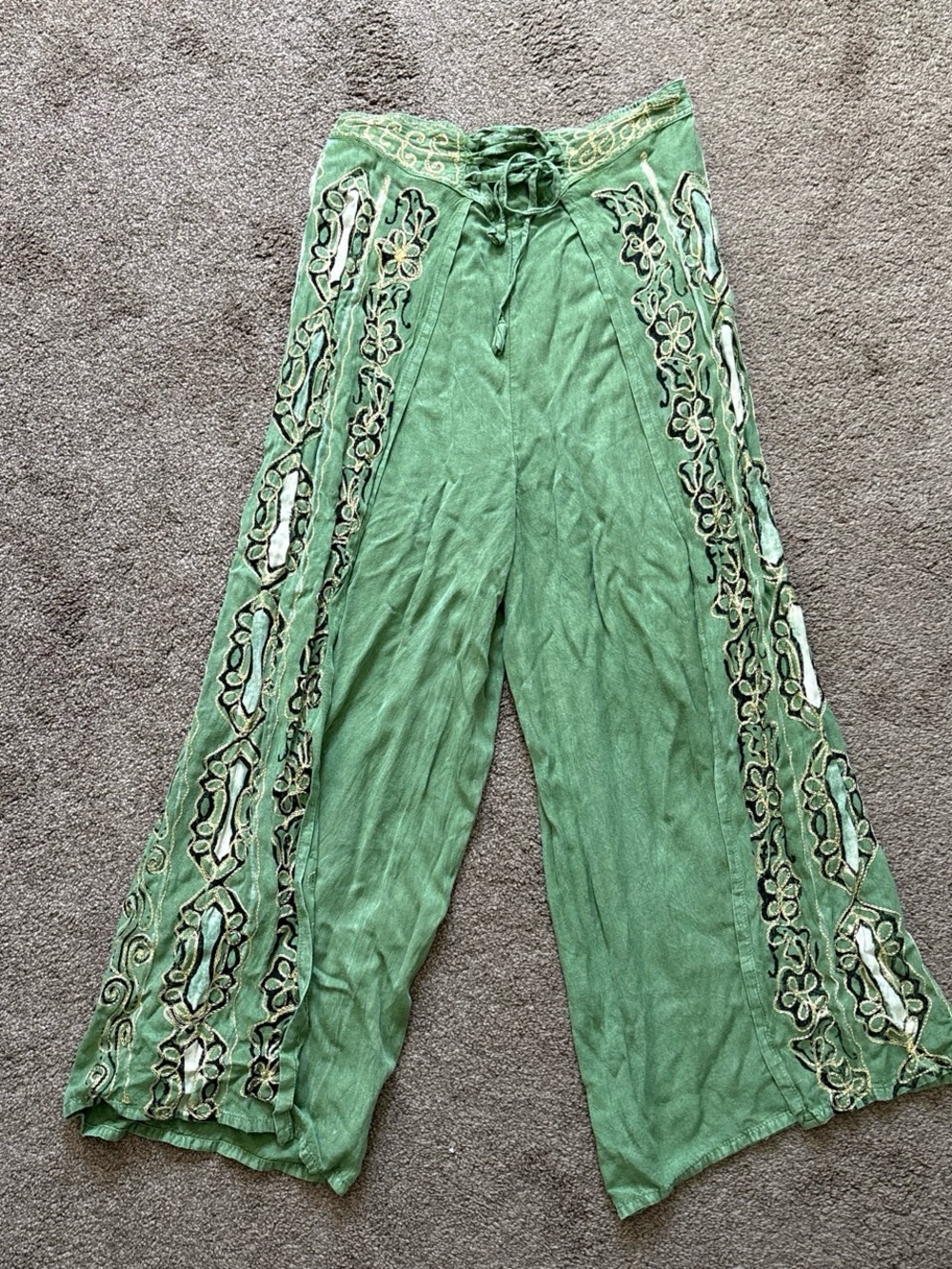 Ashley Taylor Green Embroidered Wide-Leg Pants